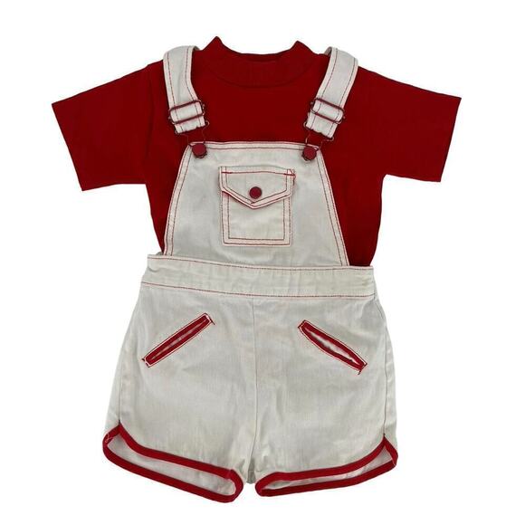 Vintage Jet Set Kid’s Overalls Outfit Set Red White Denim Cotton Size 6 - Picture 1 of 13
